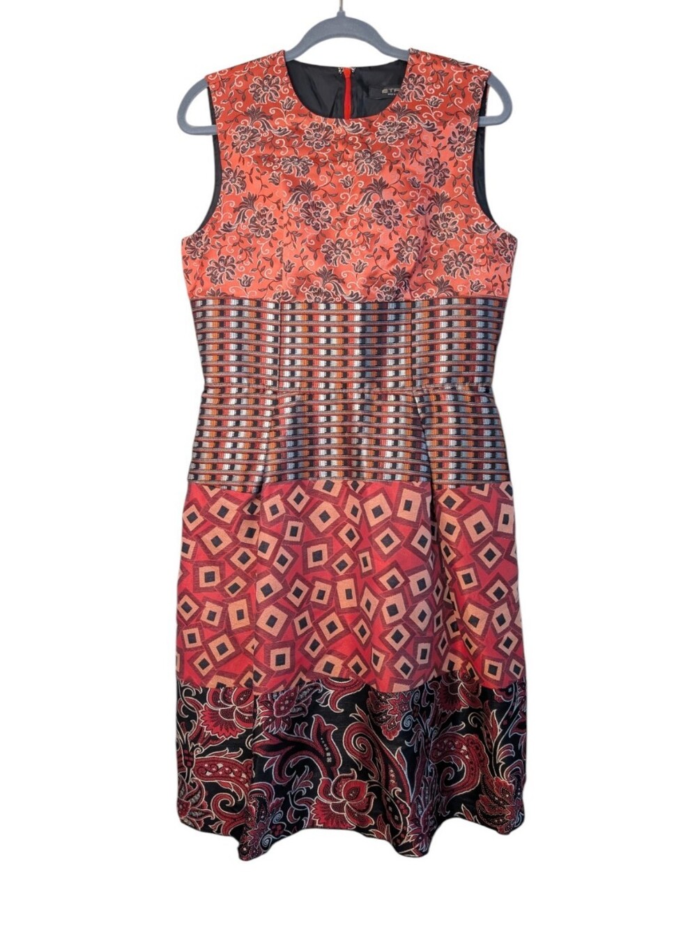 ETRO Italy Mixed Pattern Tiered Dress Sleeveless Floral Paisley Geometric 46/ 10